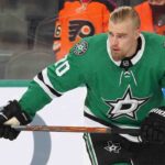 A visual mock-up depicting current Philadelphia Flyers defenseman Rasmus Ristolainen wearing a green Dallas Stars home jersey, number 70, while on the ice. This concept image illustrates growing NHL trade rumors linking him to the Stars organization.