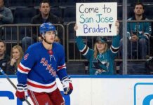 New York Rangers defenseman Braden Schneider skates past the boards where a female San Jose Sharks fan holds up a handwritten sign reading "Come to San Jose Braden!" amid trade rumors.