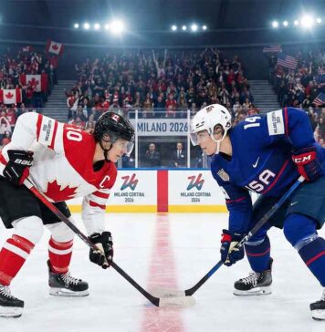 Team Canada captain Marie-Philip Poulin (left, #29) and Team USA forward Hilary Knight (right, #21) are crouched and ready for a face-off at center ice during a women's ice hockey game at the Milano Cortina 2026 Winter Olympics. The arena is filled with spectators waving Canadian and American flags, and banners reading "MILANO 2026" are visible on the boards.