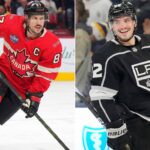 A split photograph featuring two professional hockey players. On the left side, Sidney Crosby is shown skating intently in his red Team Canada jersey with the captain's 'C' visible. On the right side, Kevin Fiala is pictured smiling while wearing a black Los Angeles Kings jersey.