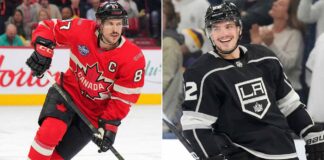 A split photograph featuring two professional hockey players. On the left side, Sidney Crosby is shown skating intently in his red Team Canada jersey with the captain's 'C' visible. On the right side, Kevin Fiala is pictured smiling while wearing a black Los Angeles Kings jersey.