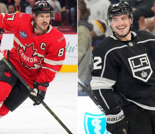 A split photograph featuring two professional hockey players. On the left side, Sidney Crosby is shown skating intently in his red Team Canada jersey with the captain's 'C' visible. On the right side, Kevin Fiala is pictured smiling while wearing a black Los Angeles Kings jersey.
