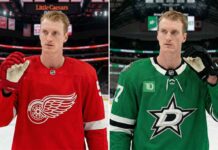 A vertically split image. The left panel shows professional hockey player Tyler Myers in a red Detroit Red Wings home jersey, with an alternate captain's "A" on his shoulder and a red and white glove in hand, standing in Little Caesars Arena. The right panel shows Tyler Myers in a Victory Green Dallas Stars home jersey, also with an alternate captain's "A" and a black and green glove, standing in American Airlines Center.