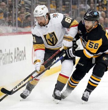 Will the Crosby-less Penguins Survive the Golden Knights? Vegas Golden Knights captain Mark Stone (#61) battles for possession of the puck along the boards against Pittsburgh Penguins defenseman Kris Letang (#58) during an NHL game at PPG Paints Arena.