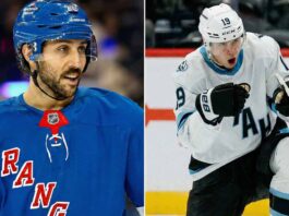 Split image featuring New York Rangers forward Vincent Trocheck in a blue jersey on the left, and Utah Mammoth prospect Daniil But in a white uniform celebrating on the ice on the right, visualizing recent NHL trade rumors linking the two players.