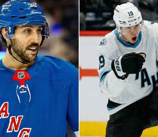 Split image featuring New York Rangers forward Vincent Trocheck in a blue jersey on the left, and Utah Mammoth prospect Daniil But in a white uniform celebrating on the ice on the right, visualizing recent NHL trade rumors linking the two players.