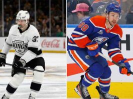 A split image showing Los Angeles Kings forward Warren Foegele (left) skating in a white away jersey and Edmonton Oilers forward Andrew Mangiapane (right) skating with the puck in a blue home jersey.