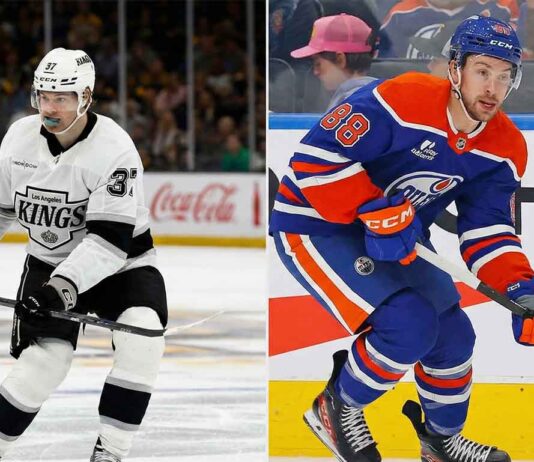 A split image showing Los Angeles Kings forward Warren Foegele (left) skating in a white away jersey and Edmonton Oilers forward Andrew Mangiapane (right) skating with the puck in a blue home jersey.