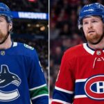 Alexis Lafreniere Trade Rumors: New York Rangers, Canucks & Canadiens A split image of New York Rangers forward Alexis Lafrenière conceptualized in two different jerseys, visualizing trade rumors: wearing a blue Vancouver Canucks uniform on the left and a red Montreal Canadiens uniform on the right.