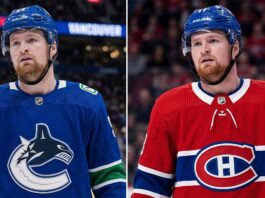 Alexis Lafreniere Trade Rumors: New York Rangers, Canucks & Canadiens A split image of New York Rangers forward Alexis Lafrenière conceptualized in two different jerseys, visualizing trade rumors: wearing a blue Vancouver Canucks uniform on the left and a red Montreal Canadiens uniform on the right.