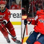 Split image showing Sebastian Aho skating for the Carolina Hurricanes and Alex Ovechkin celebrating a goal for the Washington Capitals. Latest NHL news, scores, and updates.