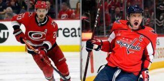 Split image showing Sebastian Aho skating for the Carolina Hurricanes and Alex Ovechkin celebrating a goal for the Washington Capitals. Latest NHL news, scores, and updates.