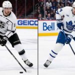 A split-panel photograph of NHL captains Anze Kopitar (left) of the Los Angeles Kings and Auston Matthews (right) of the Toronto Maple Leafs, two of the central figures in today’s latest NHL news about Kopitar's historic record and Matthews' devastating injury.