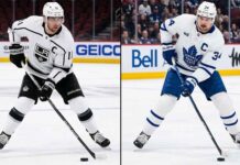 A split-panel photograph of NHL captains Anze Kopitar (left) of the Los Angeles Kings and Auston Matthews (right) of the Toronto Maple Leafs, two of the central figures in today’s latest NHL news about Kopitar's historic record and Matthews' devastating injury.
