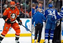 Toronto Maple Leafs captain Auston Matthews down on the ice with a season-ending knee injury following a controversial knee-on-knee hit by Anaheim Ducks captain Radko Gudas.