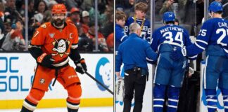 Toronto Maple Leafs captain Auston Matthews down on the ice with a season-ending knee injury following a controversial knee-on-knee hit by Anaheim Ducks captain Radko Gudas.