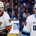 Auston Matthews Trade Rumors: Toronto Maple Leafs to Anaheim Ducks or Utah Mammoth? A split-screen concept image visualizing Toronto Maple Leafs captain Auston Matthews traded to two potential destinations: wearing an Anaheim Ducks white jersey (left) and a Utah Mammoth white jersey with "UTAH" text (right).