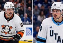 A split-screen concept image visualizing Toronto Maple Leafs captain Auston Matthews traded to two potential destinations: wearing an Anaheim Ducks white jersey (left) and a Utah Mammoth white jersey with "UTAH" text (right).
