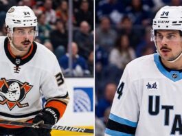 A split-screen concept image visualizing Toronto Maple Leafs captain Auston Matthews traded to two potential destinations: wearing an Anaheim Ducks white jersey (left) and a Utah Mammoth white jersey with "UTAH" text (right).