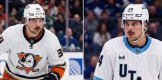 A split-screen concept image visualizing Toronto Maple Leafs captain Auston Matthews traded to two potential destinations: wearing an Anaheim Ducks white jersey (left) and a Utah Mammoth white jersey with "UTAH" text (right).