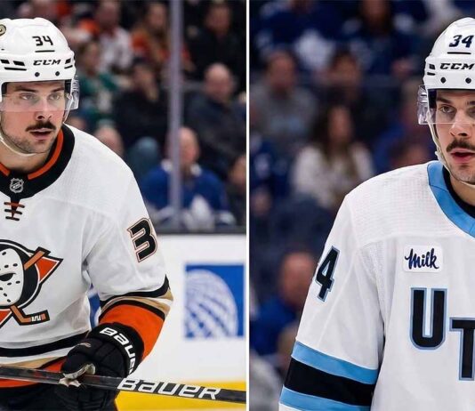 Auston Matthews Trade Rumors: Toronto Maple Leafs to Anaheim Ducks or Utah Mammoth? A split-screen concept image visualizing Toronto Maple Leafs captain Auston Matthews traded to two potential destinations: wearing an Anaheim Ducks white jersey (left) and a Utah Mammoth white jersey with "UTAH" text (right).