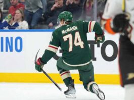 Bobby McMann of the Toronto Maple Leafs skating on the ice in a mock-up Minnesota Wild jersey is subject of recent NHL trade rumors involving the Wild.
