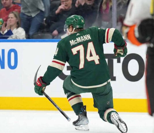 Will the Minnesota Wild Steal Bobby McMann From the Leafs? Bobby McMann of the Toronto Maple Leafs skating on the ice in a mock-up Minnesota Wild jersey is subject of recent NHL trade rumors involving the Wild.