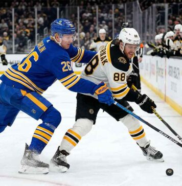 Boston Bruins at Buffalo Sabres: TV Channel, Time & Streaming Options (March 25) Buffalo Sabres defenseman Rasmus Dahlin checks Boston Bruins forward David Pastrnak along the boards during an NHL game at KeyBank Center.