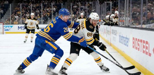 Boston Bruins at Buffalo Sabres: TV Channel, Time & Streaming Options (March 25) Buffalo Sabres defenseman Rasmus Dahlin checks Boston Bruins forward David Pastrnak along the boards during an NHL game at KeyBank Center.