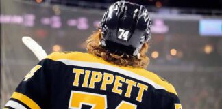 A concept image showing Philadelphia Flyers winger Owen Tippett from behind, wearing a black Boston Bruins number 74 jersey, amidst trade rumors linking him to the team.