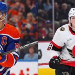 Latest NHL News Today & Game Scores (March 25, 2026) Split photo of Connor McDavid (left) in his blue Edmonton Oilers #97 jersey, and Carter Yakemchuk (right) in his white Ottawa Senators #58 jersey, illustrating the latest NHL news regarding McDavid’s 1,200th point milestone and Yakemchuk's memorable rookie debut.