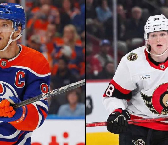 Latest NHL News Today & Game Scores (March 25, 2026) Split photo of Connor McDavid (left) in his blue Edmonton Oilers #97 jersey, and Carter Yakemchuk (right) in his white Ottawa Senators #58 jersey, illustrating the latest NHL news regarding McDavid’s 1,200th point milestone and Yakemchuk's memorable rookie debut.