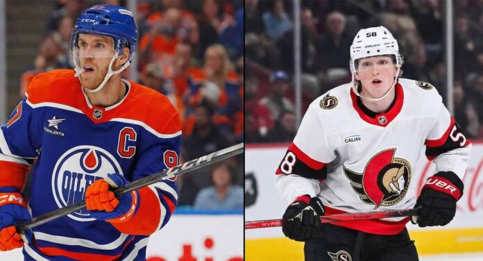 Split photo of Connor McDavid (left) in his blue Edmonton Oilers #97 jersey, and Carter Yakemchuk (right) in his white Ottawa Senators #58 jersey, illustrating the latest NHL news regarding McDavid’s 1,200th point milestone and Yakemchuk's memorable rookie debut.