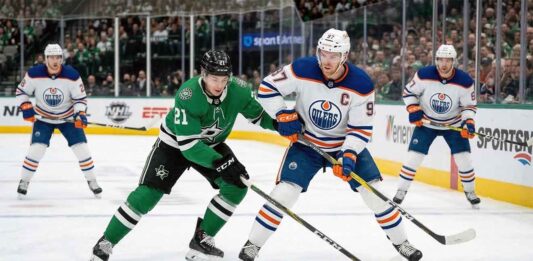 Edmonton Oilers captain Connor McDavid (#97) battles Dallas Stars forward Jason Robertson (#21) at a face-off dot during a regular-season NHL game.