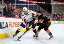 How to Watch Washington Capitals vs Philadelphia Flyers TV Channel (Mar 11) Alex Ovechkin of the Washington Capitals battles Travis Konecny of the Philadelphia Flyers for the puck during a Metropolitan Division NHL game.