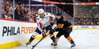 Alex Ovechkin of the Washington Capitals battles Travis Konecny of the Philadelphia Flyers for the puck during a Metropolitan Division NHL game.