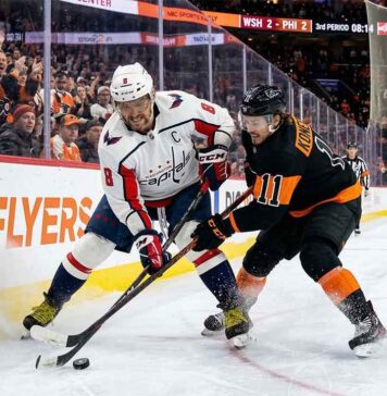 Alex Ovechkin of the Washington Capitals battles Travis Konecny of the Philadelphia Flyers for the puck during a Metropolitan Division NHL game.