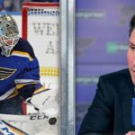 A split image featuring St. Louis Blues goalie Jordan Binnington #50 making a save on the left, and General Manager Alex Steen speaking at a press conference on the right.