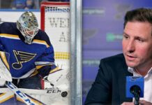 A split image featuring St. Louis Blues goalie Jordan Binnington #50 making a save on the left, and General Manager Alex Steen speaking at a press conference on the right.
