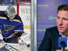 A split image featuring St. Louis Blues goalie Jordan Binnington #50 making a save on the left, and General Manager Alex Steen speaking at a press conference on the right.