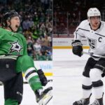 A split-screen photograph featuring Dallas Stars forward Jason Robertson celebrating a goal and LA Kings captain Anze Kopitar handling the puck, illustrating the stars of today's NHL news.
