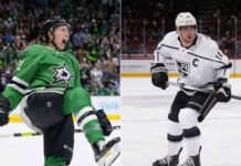 A split-screen photograph featuring Dallas Stars forward Jason Robertson celebrating a goal and LA Kings captain Anze Kopitar handling the puck, illustrating the stars of today's NHL news.