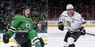 A split-screen photograph featuring Dallas Stars forward Jason Robertson celebrating a goal and LA Kings captain Anze Kopitar handling the puck, illustrating the stars of today's NHL news.
