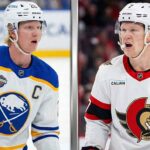 Latest NHL News: Sens Wild Card Push, A.J. Greer Suspension Coming & Weekend Scores A split-screen image featuring NHL captains Rasmus Dahlin of the Buffalo Sabres (left) and Brady Tkachuk of the Ottawa Senators (right), a central focus of today's latest NHL news.