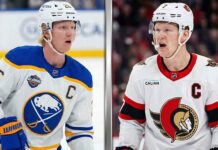 Latest NHL News: Sens Wild Card Push, A.J. Greer Suspension Coming & Weekend Scores A split-screen image featuring NHL captains Rasmus Dahlin of the Buffalo Sabres (left) and Brady Tkachuk of the Ottawa Senators (right), a central focus of today's latest NHL news.
