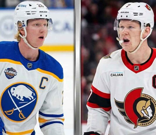 Latest NHL News: Sens Wild Card Push, A.J. Greer Suspension Coming & Weekend Scores A split-screen image featuring NHL captains Rasmus Dahlin of the Buffalo Sabres (left) and Brady Tkachuk of the Ottawa Senators (right), a central focus of today's latest NHL news.