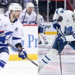 Nikita Kucherov of the Tampa Bay Lightning and Auston Matthews of the Toronto Maple Leafs, featured in a vertical split image during an NHL game on March 13, 2026.