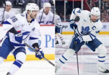 Nikita Kucherov of the Tampa Bay Lightning and Auston Matthews of the Toronto Maple Leafs, featured in a vertical split image during an NHL game on March 13, 2026.