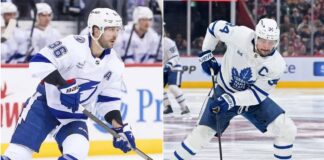 Nikita Kucherov of the Tampa Bay Lightning and Auston Matthews of the Toronto Maple Leafs, featured in a vertical split image during an NHL game on March 13, 2026.