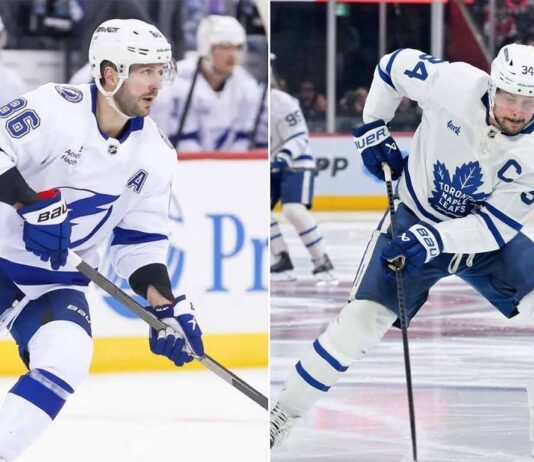 Nikita Kucherov of the Tampa Bay Lightning and Auston Matthews of the Toronto Maple Leafs, featured in a vertical split image during an NHL game on March 13, 2026.